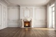 © The 2R Artificiality - Classic white interior that is vacant and has a fireplace, a curtain, windows, wall panels, and wide illustrations or mockups. Generative AI