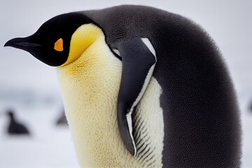 Poster - Well-fed emperor penguins ruffle ridiculously and sits on ice., created with generative ai