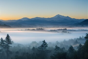 Sticker - Beautiful nature at sunset with gray fells and misty forest., created with generative ai