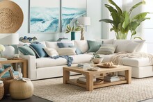 A Coastal-inspired Living Room With A Woven Rattan Sectional, Natural Wood Accents, And Ocean-inspired Artwork And Accessories. Generative AI