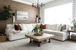 © Denis Yevtekhov - A modern farmhouse living room with a cozy white sectional, natural wood coffee table, and rustic shiplap walls. Generative AI