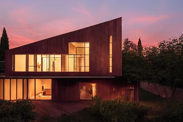 Poster - Original modern house exterior with wooden finishes and lawn., created with generative ai