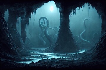 Sticker - Fantasy tentacles of monster in sea underwater cave., created with generative ai