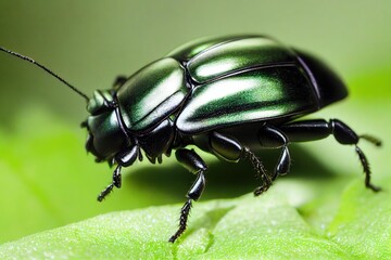 Wall Mural - Green with antennae beetle on flower with purple petals in garden., created with generative ai