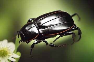 Wall Mural - Black shiny beetle on flower with petals and stem., created with generative ai