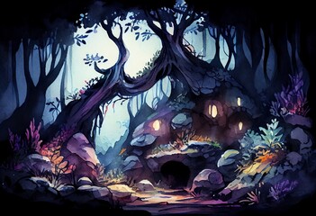 Wall Mural - watercolor illustration of a fantasy forest at night, mystery lights and stone in fairytale wood. ge