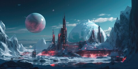Wall Mural - Illustration of a city on another planet. Snow and flying reflective balls