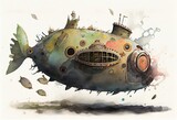 Fototapeta Sypialnia - Watercolor Illustration of a Submarine With Fish Post Apocalyptic Art. Generative AI