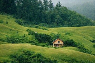 Canvas Print - House with cozy house exterior against backdrop of beautiful rural landscape., created with generative ai