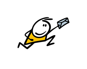 Funny cartoon boy runs fast to deliver a letter in the envelope snail mail or email.