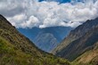 Aerial view of mountain peaks in Inca Trail, Peru, covered with green plants