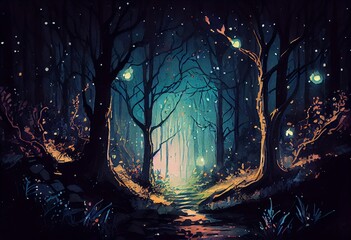 Wall Mural - watercolor illustration of a fantasy forest at night, magic lights and fireflies in fairytale wood. 