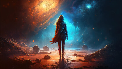 an epic illustration of a brave woman walking with a galaxy theme in the background