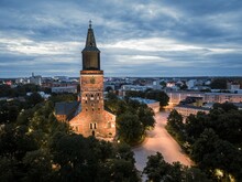 Aerial View Of The Turku Cathedral Illuminated In Late Evening In Turku, Finland