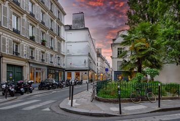 Wall Mural - cozy street in paris, france. architecture and landmark of paris. evening paris cityscape.