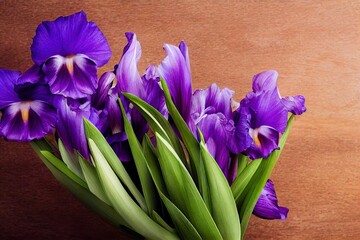 Sticker - Spring bouquet of purple iris flower on wooden background., created with generative ai