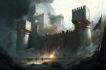 Medieval war near the castle. Generative AI