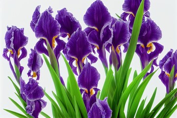 Sticker - Bouquet of purple iris flower with leaves and buds on white background., created with generative ai