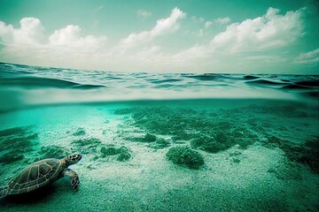 Wall Mural - Crawling on rocks among coral reefs Sea turtle nature., created with generative ai