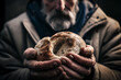 Homeless man holds a slice of bread in his hands, close-up. Piece of bread in hands of homeless person. Concept of hunger, poverty and homeless. Hungry man with food. Poor Migrant. AI Generate