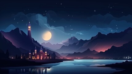 Mosque with night view and river, Generative AI