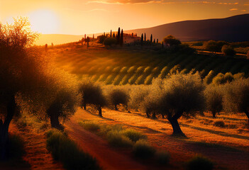 Wall Mural - Olive trees plantations. Spain hills on sunset. Olives trees at Spain Farm field. Olives harvest in Tuscany. Olive harvesting in farm season. Rural landscape. Ai Generative illustration.