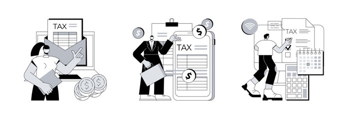 Poster - Tax software program abstract concept vector illustration set. Desktop tax filing software, mobile app and online service, income statement, IRS form, gather paperwork abstract metaphor.