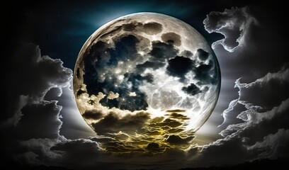 Poster -  a full moon with clouds and trees in the foreground.  generative ai