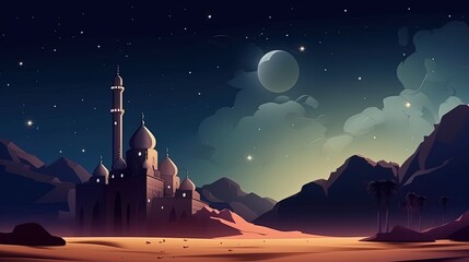 Mosque night view, sand and calm atmosphere, mountain, Generate AI