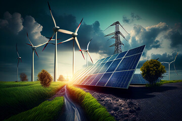 Wall Mural - Solar panel and Wind Turbine concept. Solar energy from solar panels. Photovoltaic, alternative source of Solar electricity. Renewable energy, green energy, wind turbines, Ai Generative illustration.