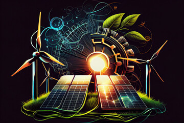 Solar panel and Wind Turbine concept. Solar energy from solar panels. Photovoltaic, alternative source of Solar electricity. Renewable energy, green energy, wind turbines, Ai Generative illustration.