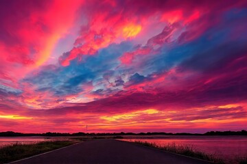 Wall Mural - Sunset with golden pink and blue clouds above ground sunset dramatic sky., created with generative ai