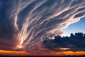 Wall Mural - Airy fluffy pink and purple clouds against backdrop of sunrise dramatic sky., created with generative ai