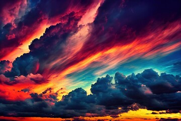 Wall Mural - Pink and purple fluffy clouds above ground in sunrise dramatic sky, created with generative ai