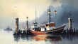 fishing boat in harbor at morning, watercolor painting style, Generative AI