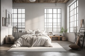 Poster - Interior of a white loft window bedroom with a gray king size bed and a little bathroom behind it. a mockup. Generative AI