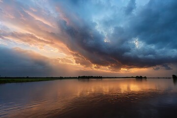 Wall Mural - Dark blue clouds of clouds against backdrop of sunrise dramatic sky, created with generative ai