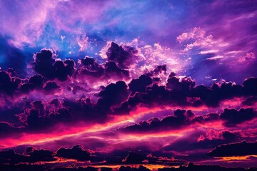 Wall Mural - Airy fluffy pink and purple clouds against backdrop of sunrise dramatic sky., created with generative ai