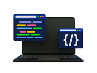 3d minimal coding icon. coding screen. web development concept. Laptop with a programming source code. 3d illustration.