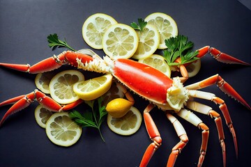 Wall Mural - Shiny crab with long crab legs laid out on thin slices of limonea., created with generative ai