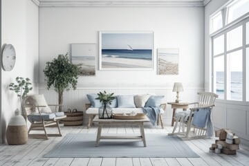Wall Mural - Living area with a coastal theme. White mock wall with comfortable interior of a home. Image in the Hamptons. Generative AI