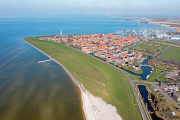 Poster - Aerial from the historical city Hindeloopen at the IJsselmeer in the Netherlands