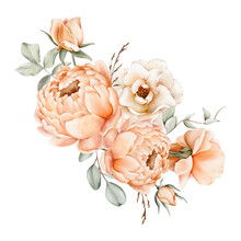 Watercolor Floral Bouquet Of White, Peach, Pink Flowers, Green Leaves. Illustrations, Isolated On White Background For Wedding Invitations, Postcards