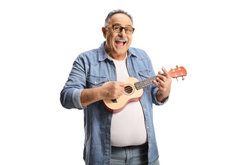 Wall Mural - Funny mature man playing ukulele