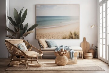 Canvas Print - Interior in a bohemian coastal style, wall mockup,. Generative AI