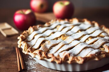 Sticker - Beautiful apple pie with powdered sugar and cinnamon on table on blurred background., created with generative ai