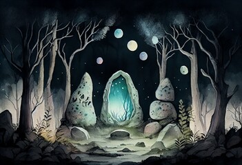 Wall Mural - watercolor illustration of a fantasy forest at night, mystery lights and stone in fairytale wood. ge