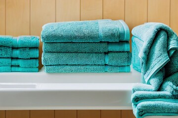 Poster - Large stack clean bath towels lies on wooden shelf., created with generative ai