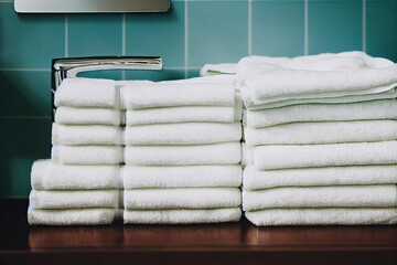 Canvas Print - Large stack clean bath towels lies on wooden shelf., created with generative ai