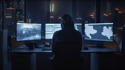 Poster - Crypto trader in a dark room with computer monitors and a city view, Generative AI